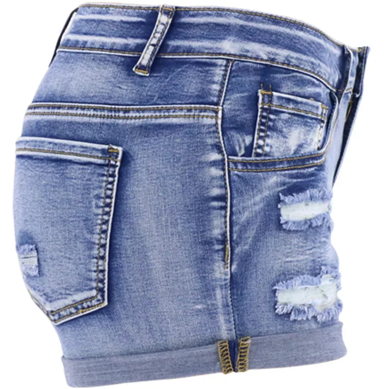 Women's Split Denim Shorts Summer Beach Wild Fashion Sexy Mid Waist Curled Cuff Perforated Elastic Slim Fit Casual Shorts