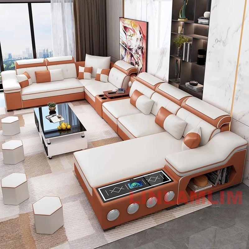 Sofa Set with Chaise Lounge, Bluetooth Speakers, and USB Charging Ports for Living Room
