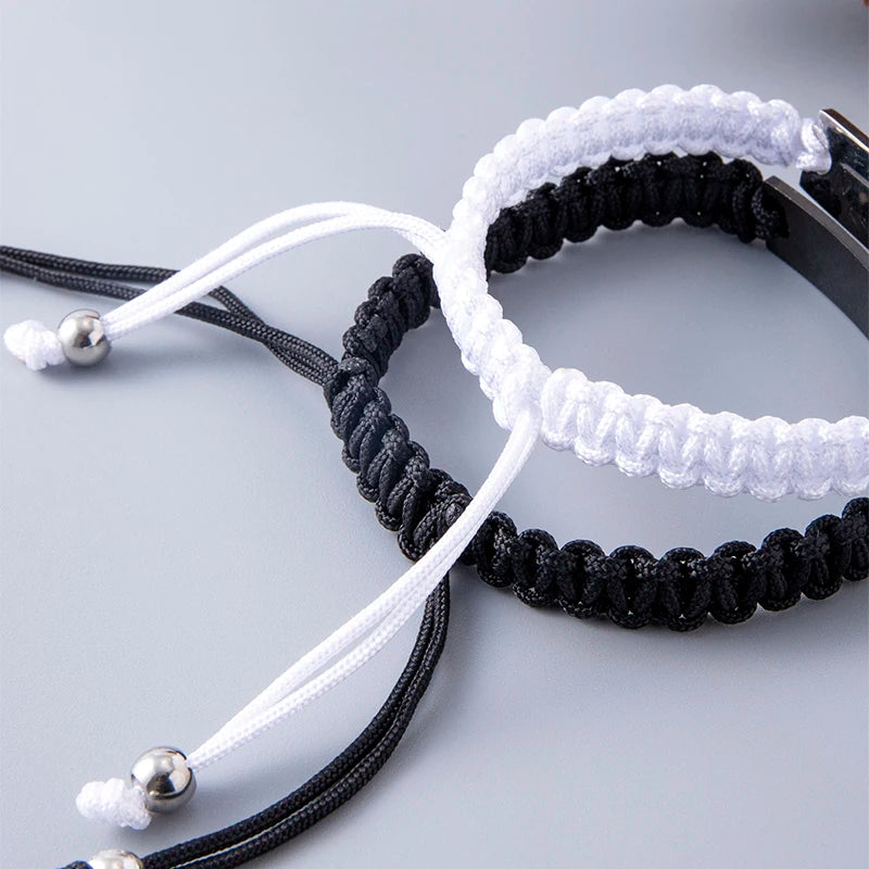 2 PCS I Love You Finger Heart Stainless Steel Couple Bracelet Black White Woven Bracelets For Lovers Valentine Gifts