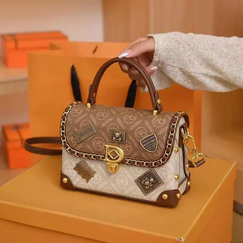 Vintage Patchwork Girls Handbag Fashion Embossed Girls Shoulder Bag European and American Badge Ladies Crossbody PU Material