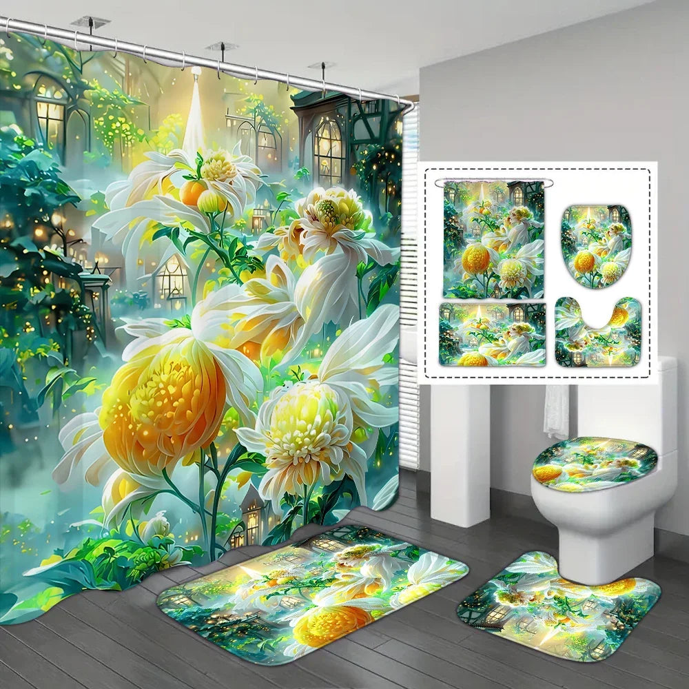 4-piece set of blue fairy flower print 12 hook waterproof shower curtain, bathroom floor mat, U-shaped mat, toilet O cover mat