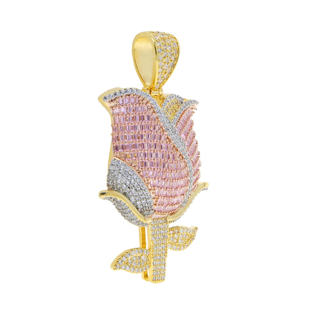 New Iced Out Bling Rose Flower Pendant Necklace For Women Men Gold Color Prong Setting Cubic Zirconia Charm Hip Hop Jewelry