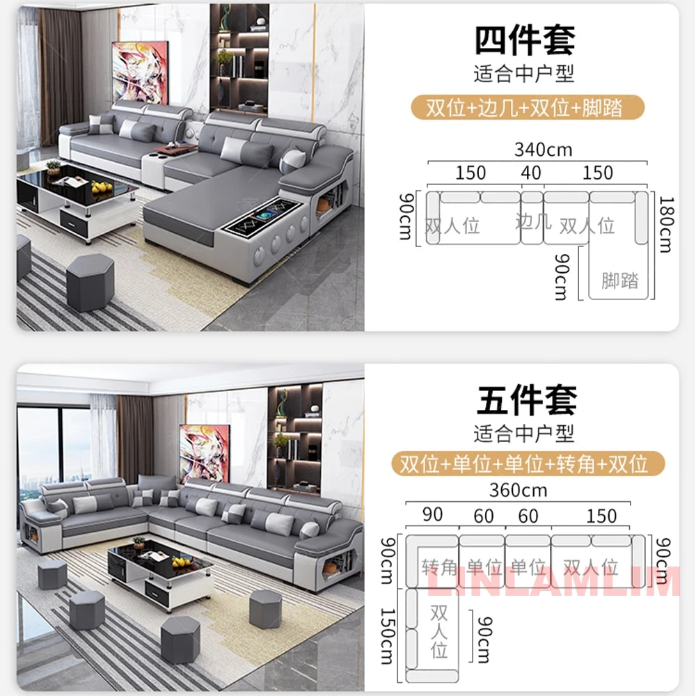 Sofa Set with Chaise Lounge, Bluetooth Speakers, and USB Charging Ports for Living Room