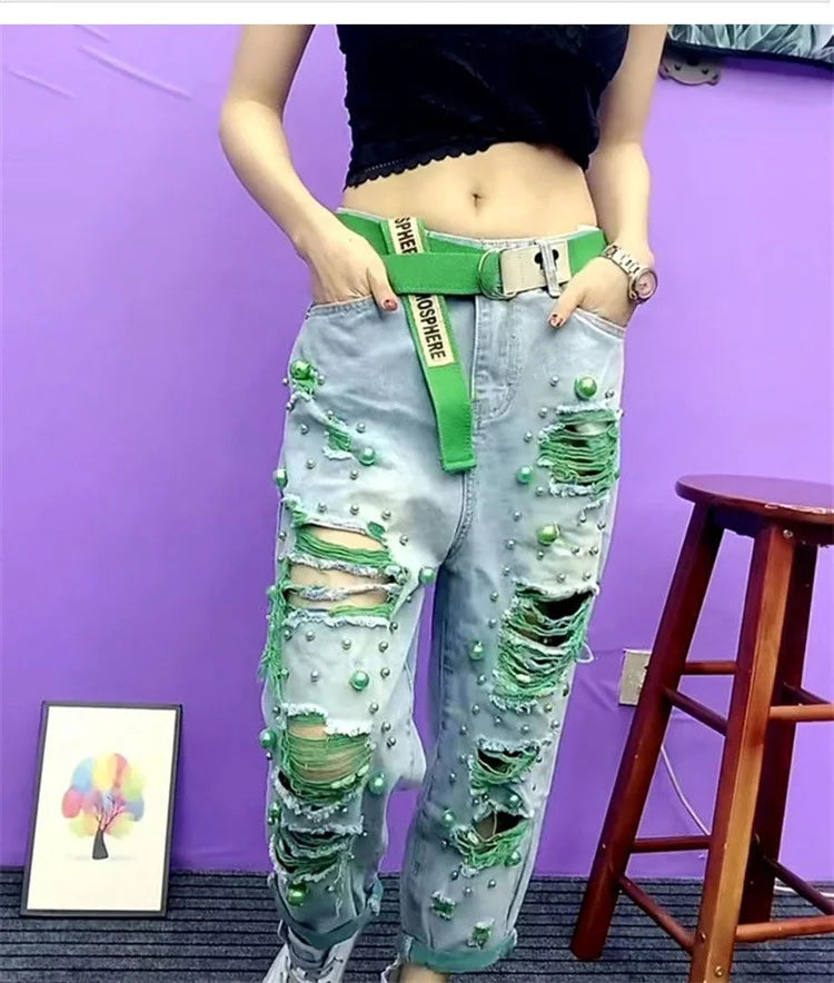 Summer Women New Fashion Beaded Holes Loose Jeans Ladies High Waist Personality Thin Denim Harem Pants Female Green Ripped Jean