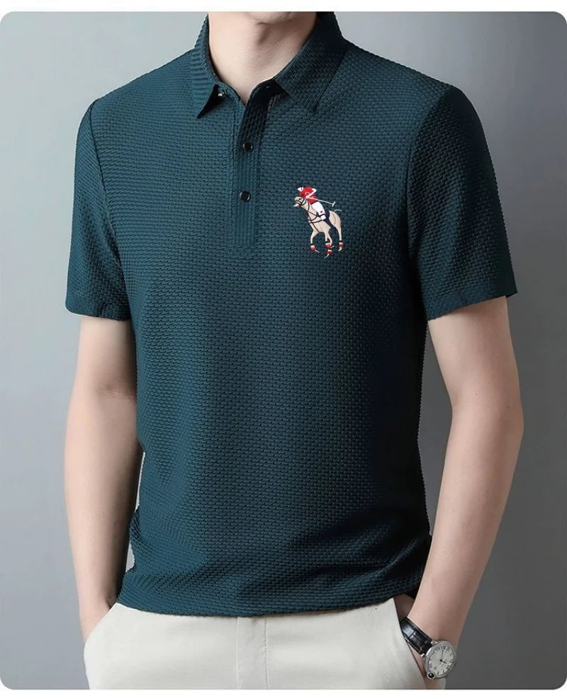 Men's Short Sleeve Polo Shirt, Ice Silk, Jacquard, Casual, Business Fashion, Stand Collar, Summer, New Style