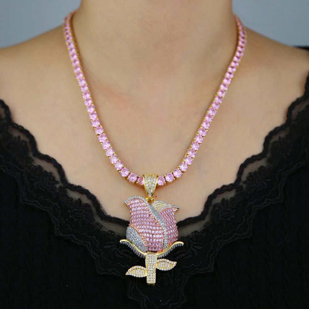 New Iced Out Bling Rose Flower Pendant Necklace For Women Men Gold Color Prong Setting Cubic Zirconia Charm Hip Hop Jewelry