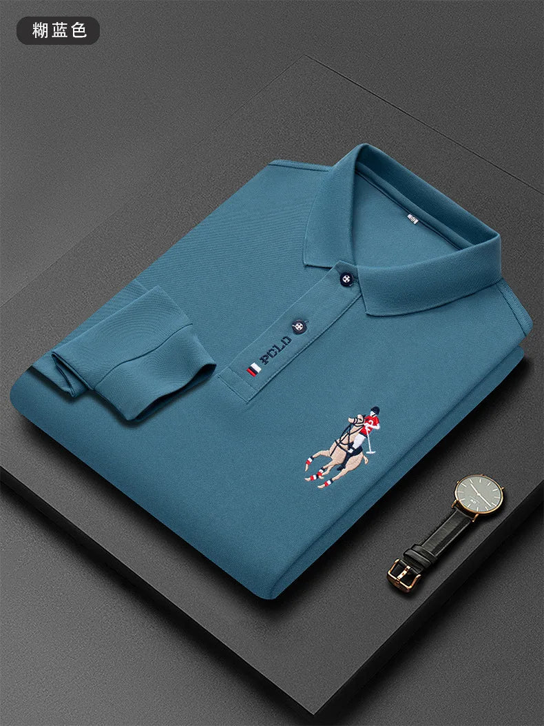 Autumn New Men's Lapel Long Sleeved T-shirt Embroidered Loose Casual Fashion Polo Shirt