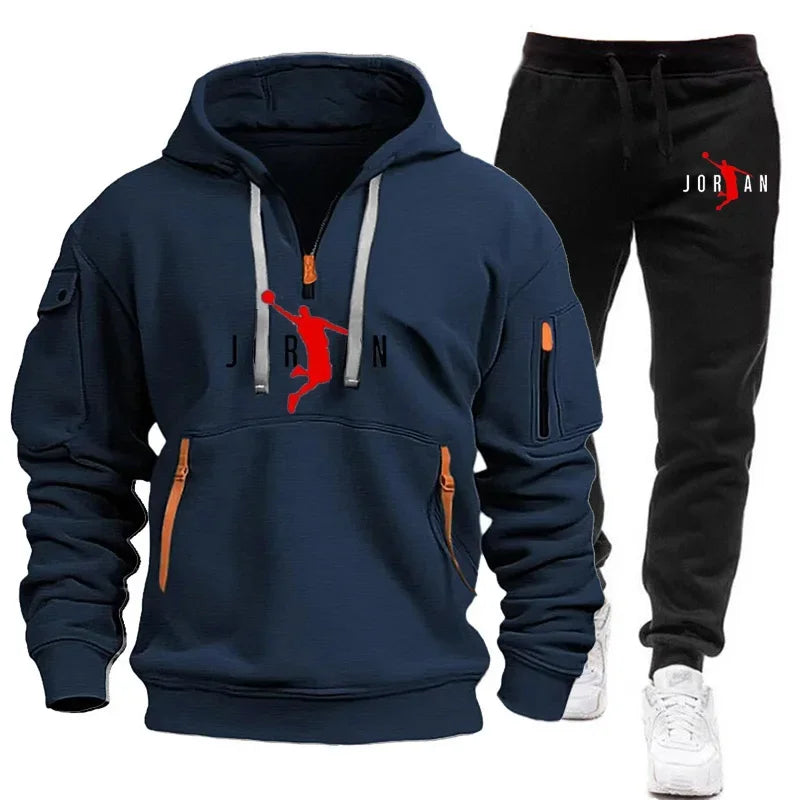 "FlexFit Tracksuit: Men's Fleece Hoodie & Sweatshirt Set for Casual Comfort"