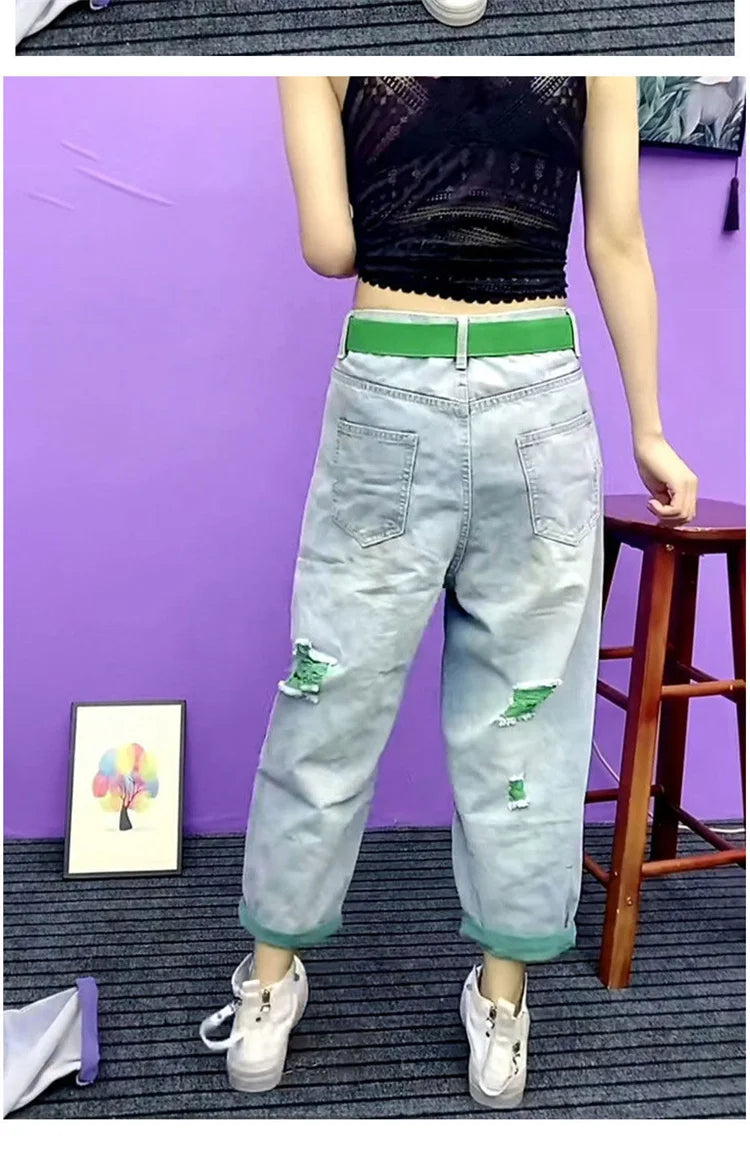 Summer Women New Fashion Beaded Holes Loose Jeans Ladies High Waist Personality Thin Denim Harem Pants Female Green Ripped Jean