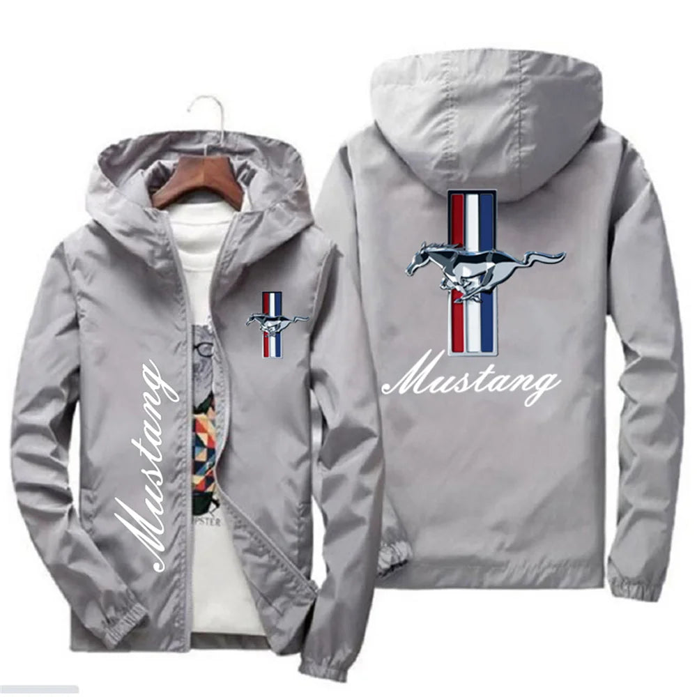 Spring and Autumn Ford Mustang Car Logo Print Hooded Jacket Fashion Charge Jacket Men's Wind Jacket Men's Outdoor Casual Wear