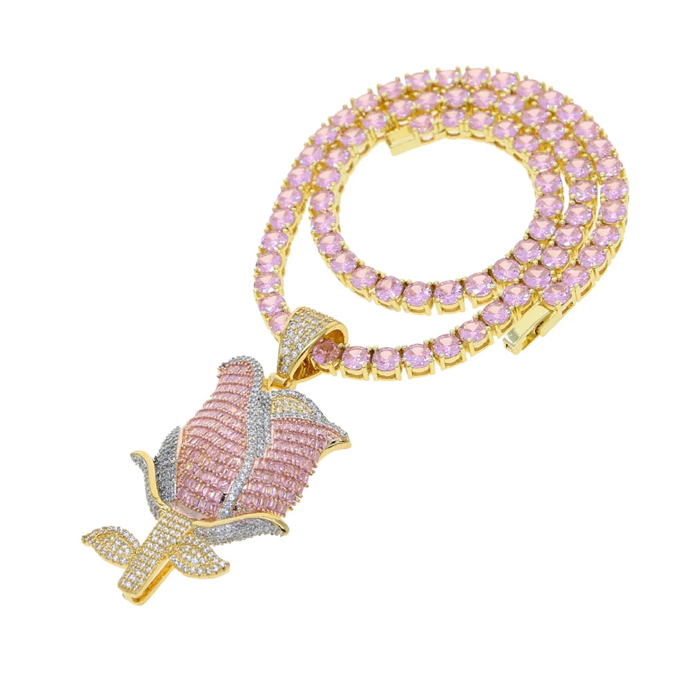 New Iced Out Bling Rose Flower Pendant Necklace For Women Men Gold Color Prong Setting Cubic Zirconia Charm Hip Hop Jewelry