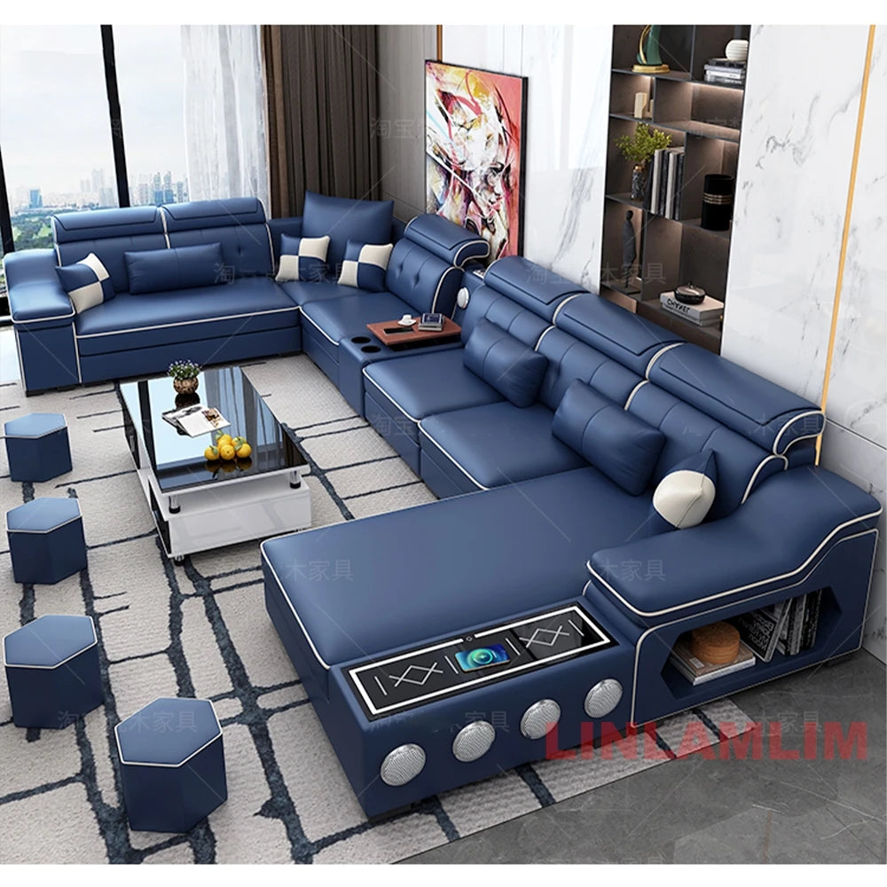 Sofa Set with Chaise Lounge, Bluetooth Speakers, and USB Charging Ports for Living Room