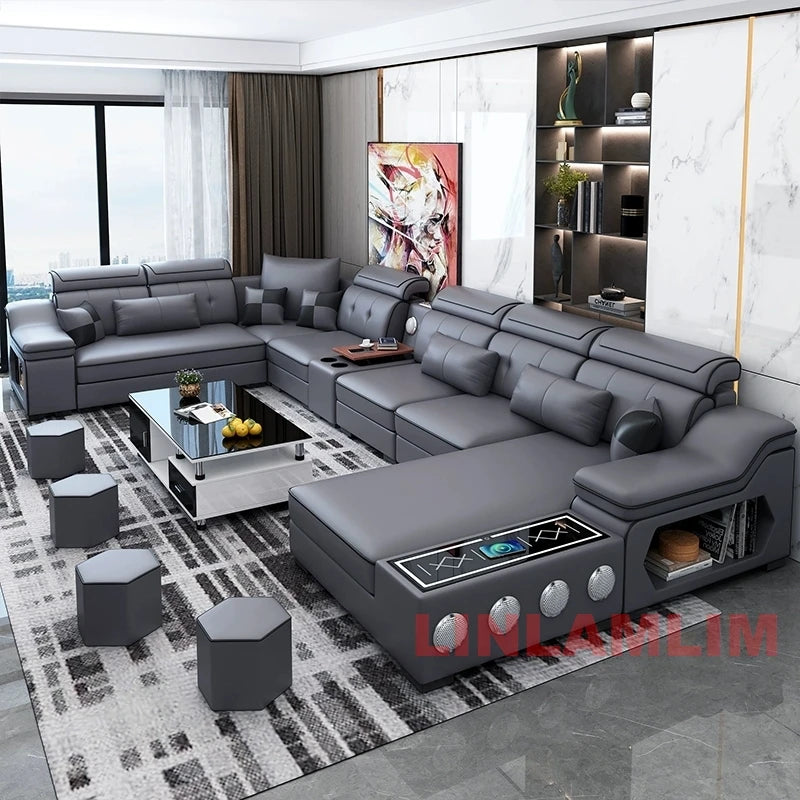 Sofa Set with Chaise Lounge, Bluetooth Speakers, and USB Charging Ports for Living Room