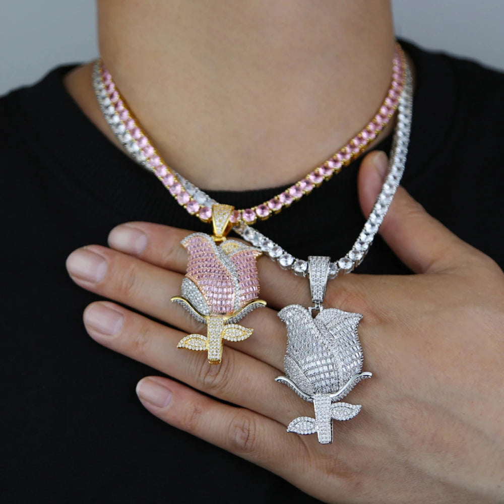 New Iced Out Bling Rose Flower Pendant Necklace For Women Men Gold Color Prong Setting Cubic Zirconia Charm Hip Hop Jewelry