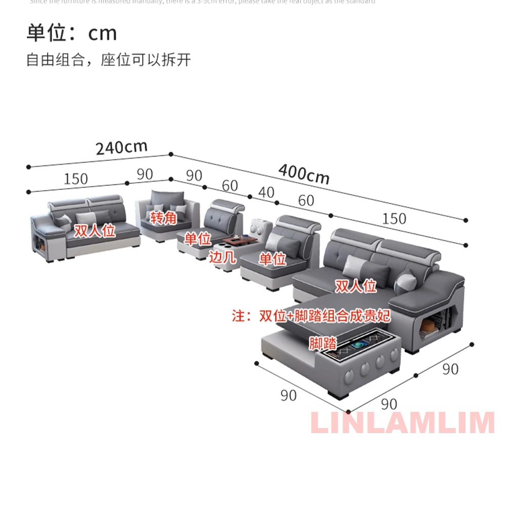 Sofa Set with Chaise Lounge, Bluetooth Speakers, and USB Charging Ports for Living Room