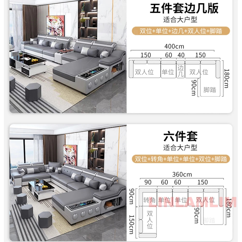 Sofa Set with Chaise Lounge, Bluetooth Speakers, and USB Charging Ports for Living Room