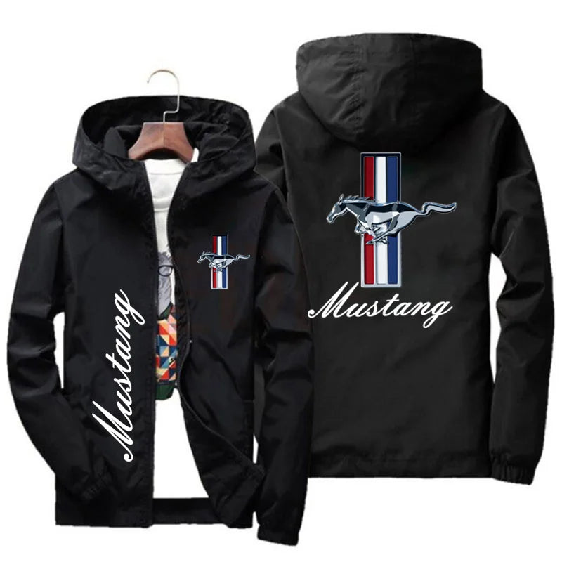 Spring and Autumn Ford Mustang Car Logo Print Hooded Jacket Fashion Charge Jacket Men's Wind Jacket Men's Outdoor Casual Wear
