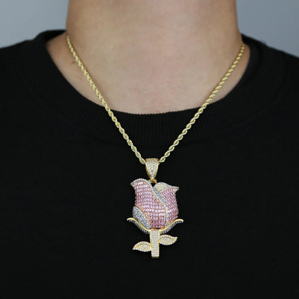 New Iced Out Bling Rose Flower Pendant Necklace For Women Men Gold Color Prong Setting Cubic Zirconia Charm Hip Hop Jewelry