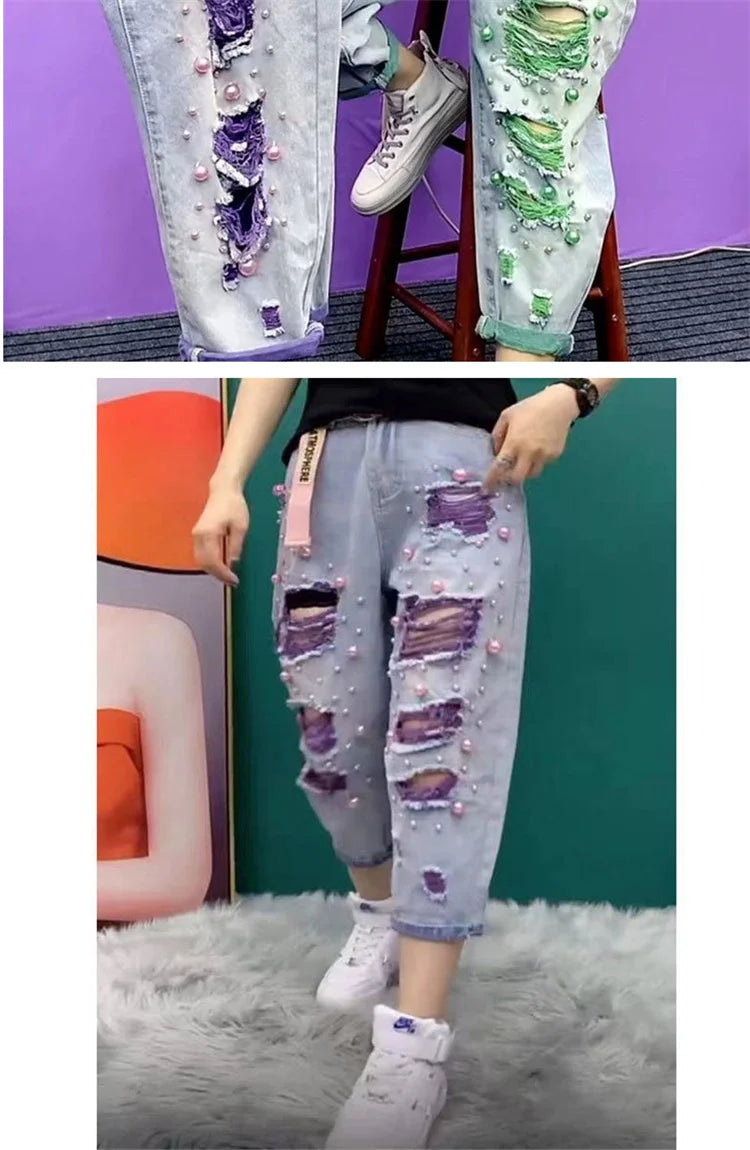 Summer Women New Fashion Beaded Holes Loose Jeans Ladies High Waist Personality Thin Denim Harem Pants Female Green Ripped Jean