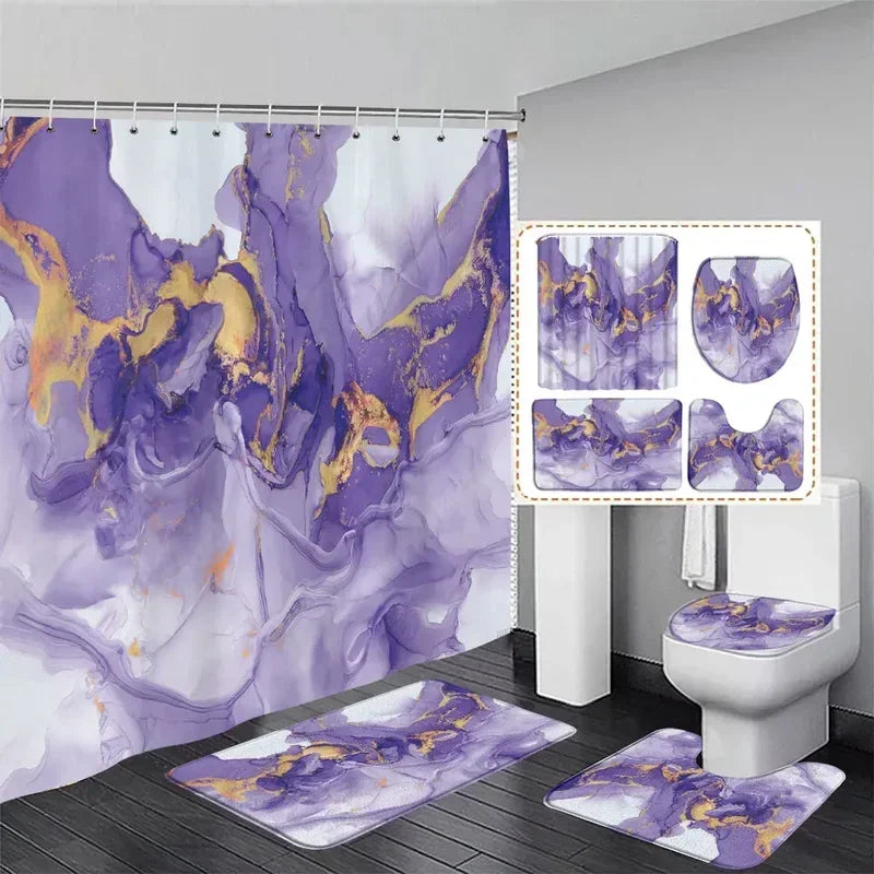 Marble free flow metal swirl texture shower curtain rug set natural luxury abstract fluid texture waterproof shower curtains set