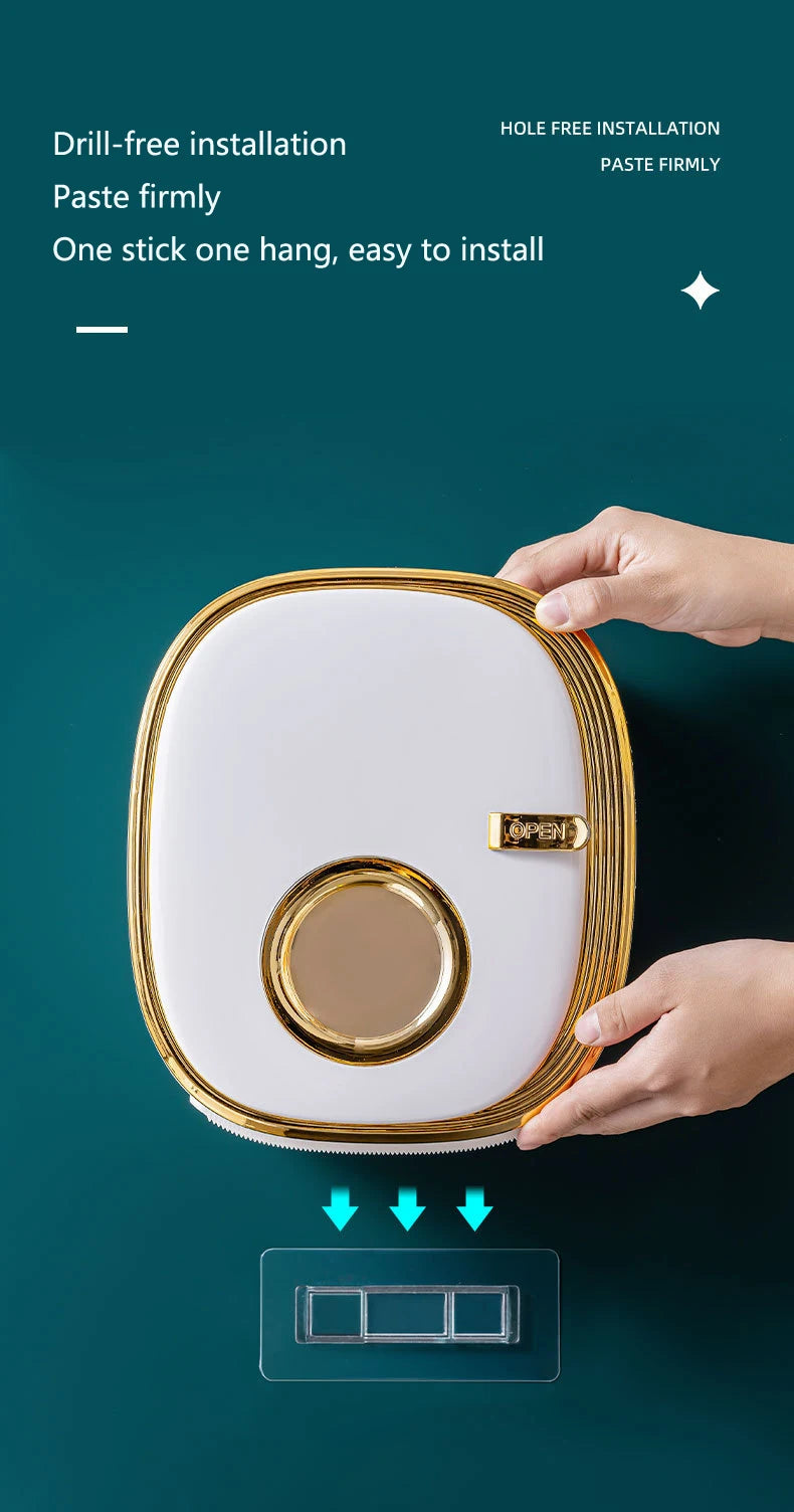 golden Bathroom Shelf Storage Box Punch-Free Wall-Mounted Toilet Paper Holder Box Waterproof Paper Towel Bathroom Storage Rack