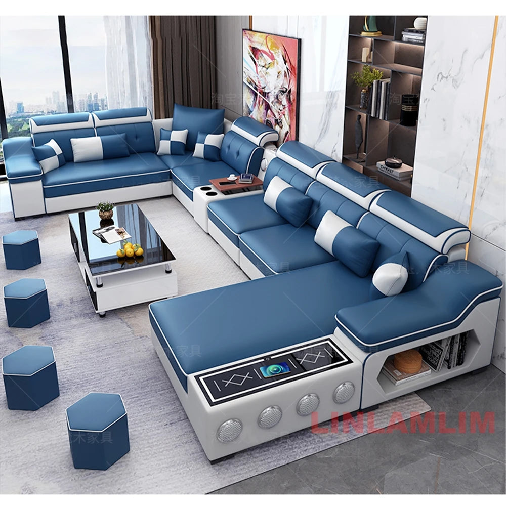 Sofa Set with Chaise Lounge, Bluetooth Speakers, and USB Charging Ports for Living Room