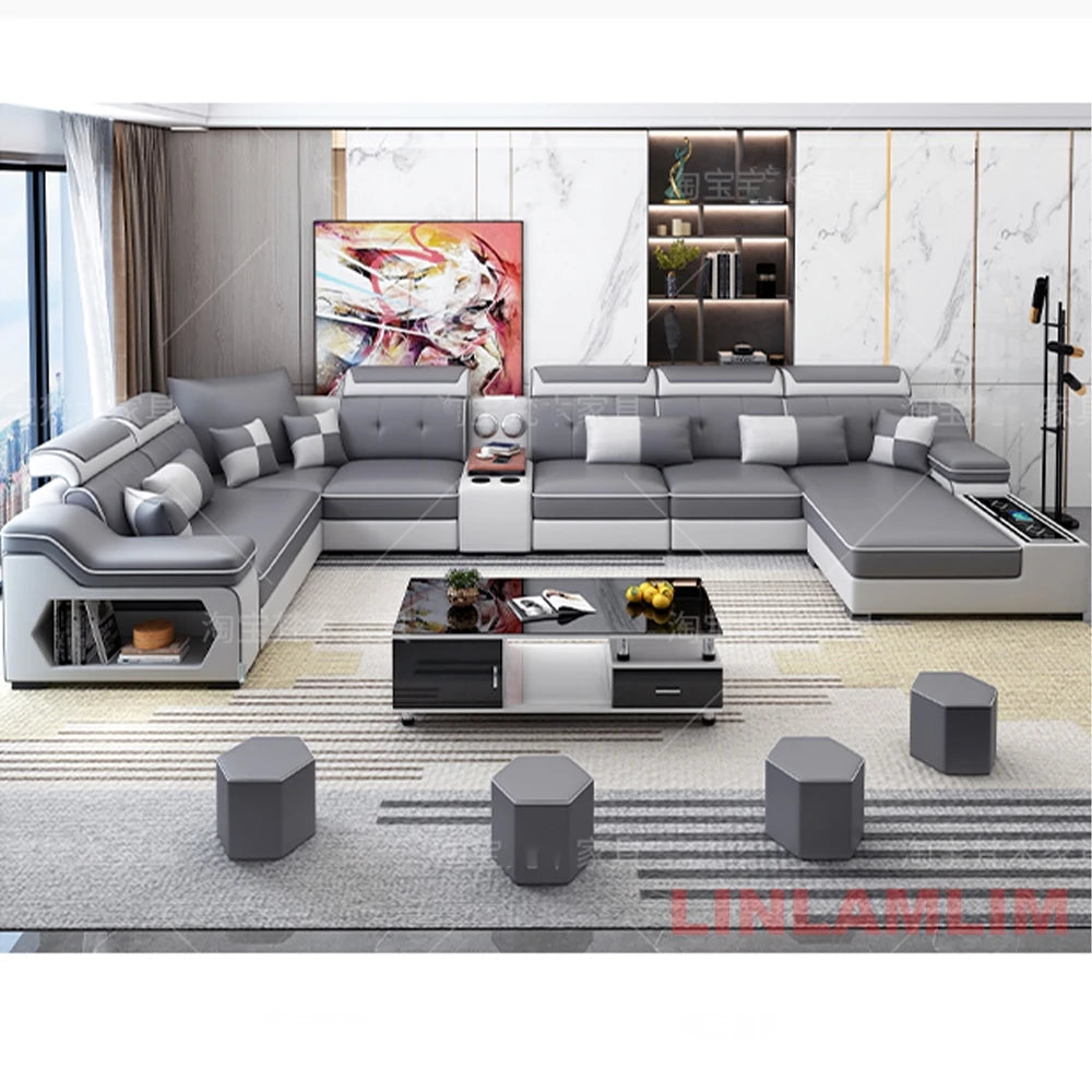 Sofa Set with Chaise Lounge, Bluetooth Speakers, and USB Charging Ports for Living Room