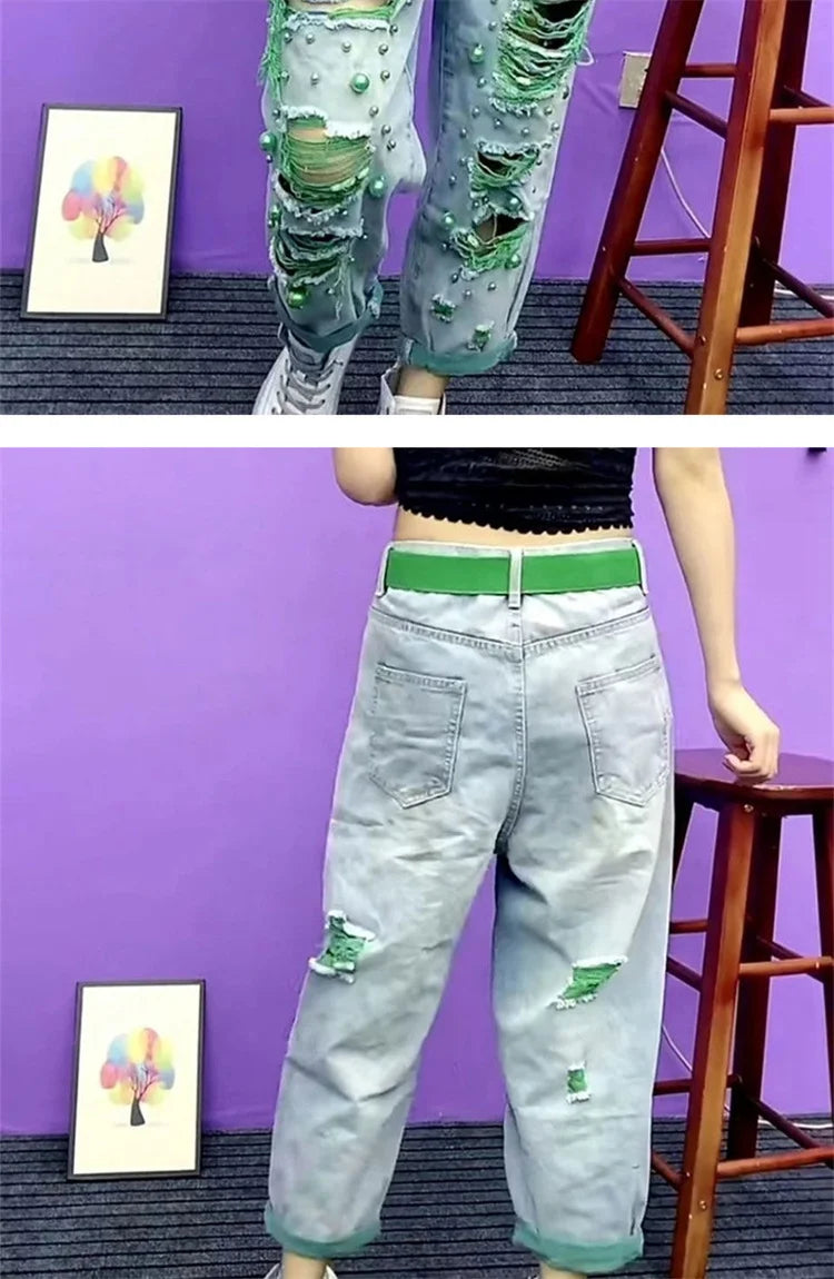 Summer Women New Fashion Beaded Holes Loose Jeans Ladies High Waist Personality Thin Denim Harem Pants Female Green Ripped Jean