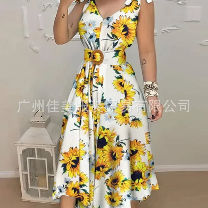 "GraceBloom Midi Dress: Elegant V-Neck Sleeveless Dress for Summer Nights"