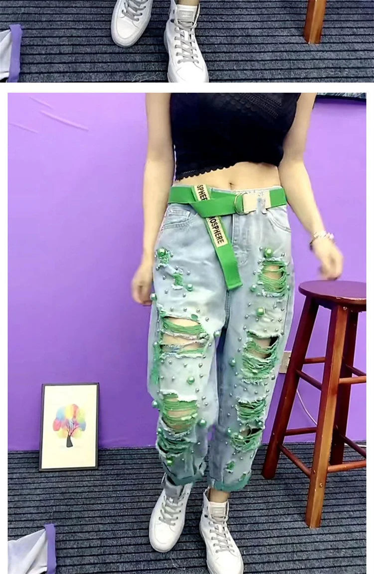 Summer Women New Fashion Beaded Holes Loose Jeans Ladies High Waist Personality Thin Denim Harem Pants Female Green Ripped Jean