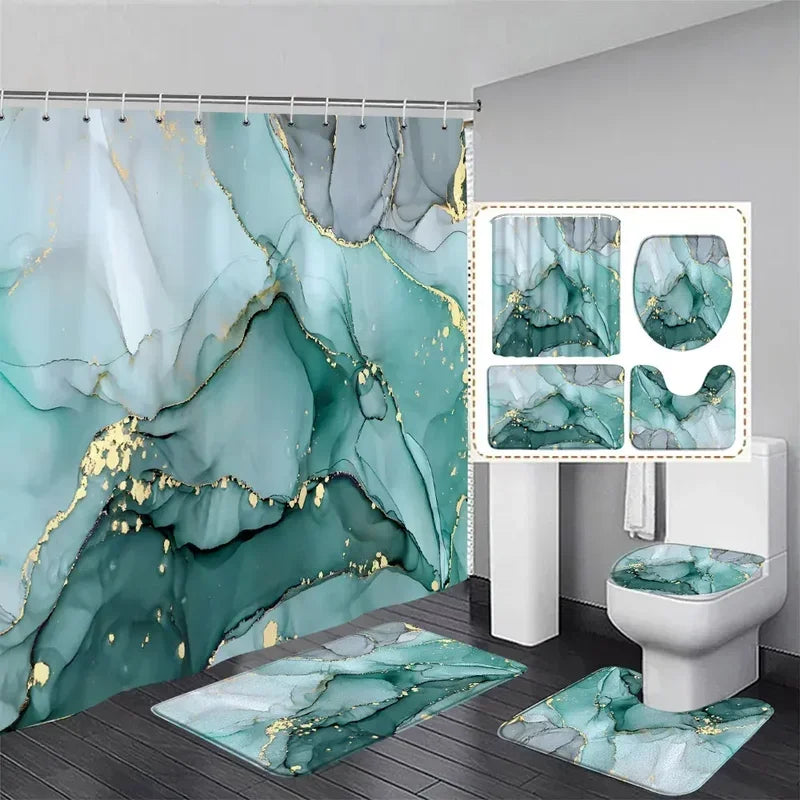 Marble free flow metal swirl texture shower curtain rug set natural luxury abstract fluid texture waterproof shower curtains set