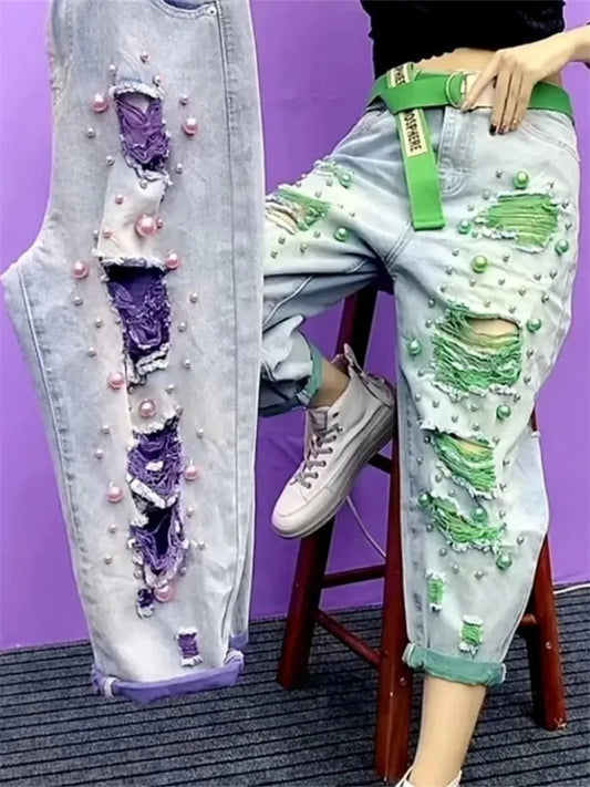 Summer Women New Fashion Beaded Holes Loose Jeans Ladies High Waist Personality Thin Denim Harem Pants Female Green Ripped Jean