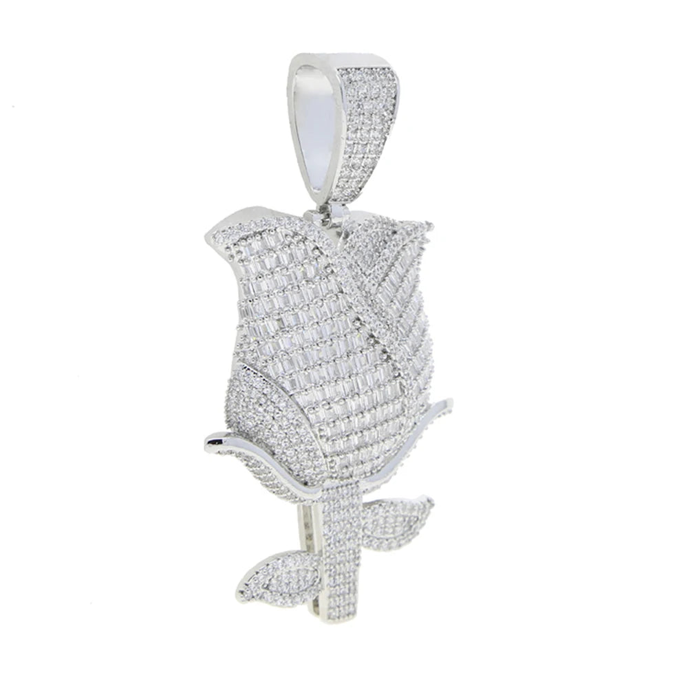 New Iced Out Bling Rose Flower Pendant Necklace For Women Men Gold Color Prong Setting Cubic Zirconia Charm Hip Hop Jewelry
