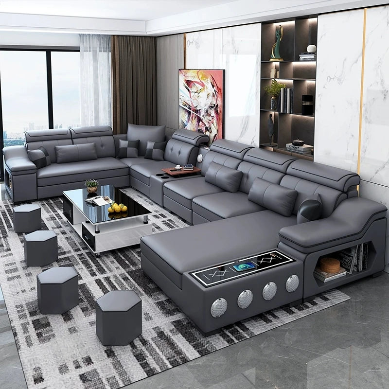 Sofa Set with Chaise Lounge, Bluetooth Speakers, and USB Charging Ports for Living Room