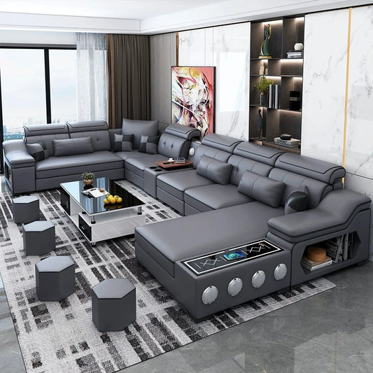Sofa Set with Chaise Lounge, Bluetooth Speakers, and USB Charging Ports for Living Room