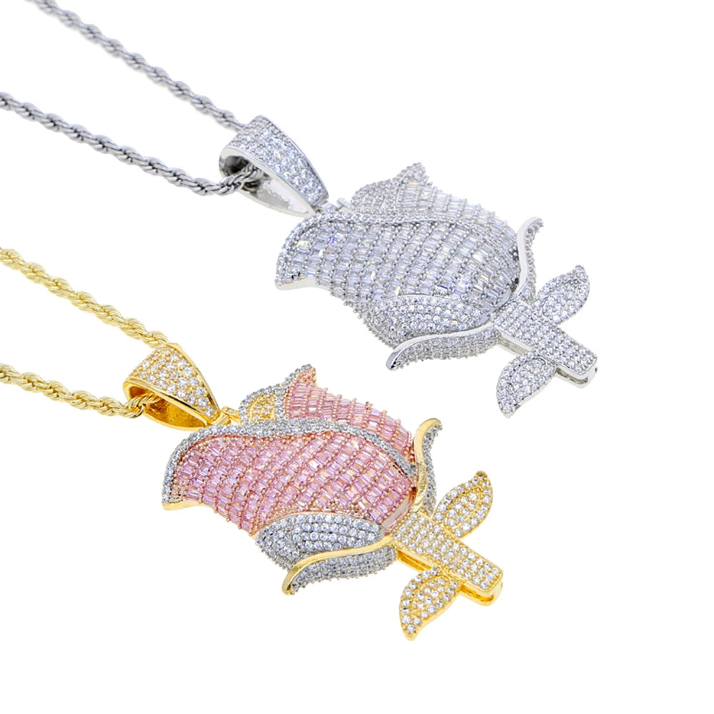 New Iced Out Bling Rose Flower Pendant Necklace For Women Men Gold Color Prong Setting Cubic Zirconia Charm Hip Hop Jewelry
