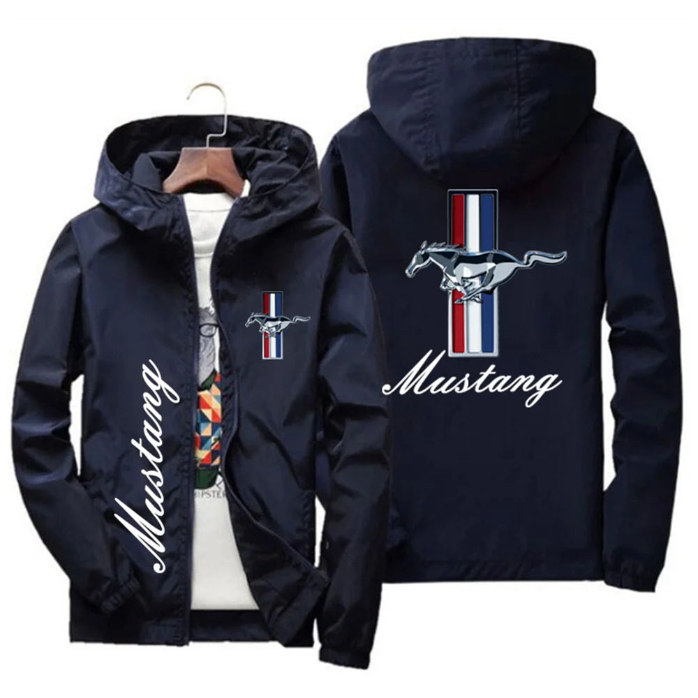 Spring and Autumn Ford Mustang Car Logo Print Hooded Jacket Fashion Charge Jacket Men's Wind Jacket Men's Outdoor Casual Wear