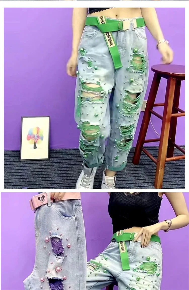 Summer Women New Fashion Beaded Holes Loose Jeans Ladies High Waist Personality Thin Denim Harem Pants Female Green Ripped Jean