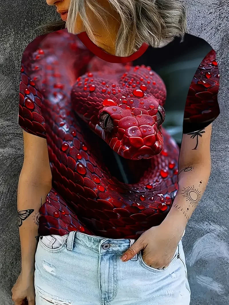 Funny Women's T-shirt Snake Graphic Print Summer Round Neck Short Sleeve Top