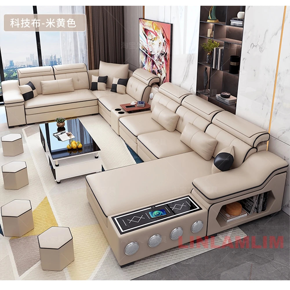 Sofa Set with Chaise Lounge, Bluetooth Speakers, and USB Charging Ports for Living Room