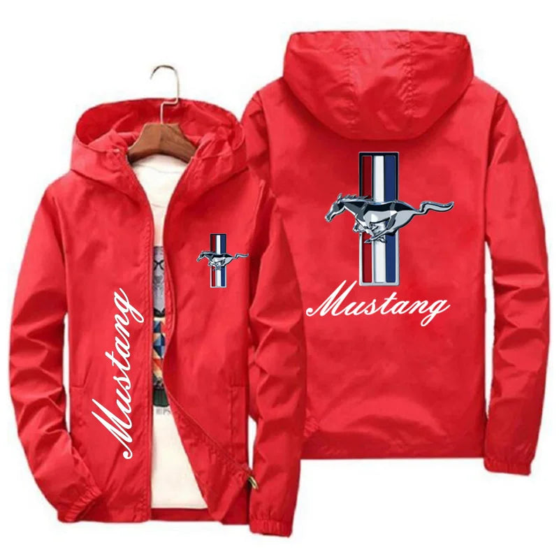 Spring and Autumn Ford Mustang Car Logo Print Hooded Jacket Fashion Charge Jacket Men's Wind Jacket Men's Outdoor Casual Wear