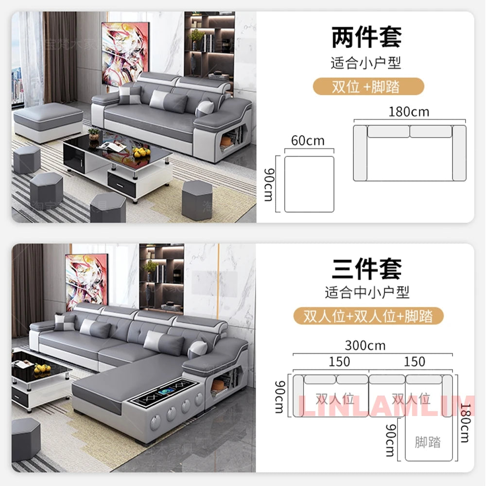 Sofa Set with Chaise Lounge, Bluetooth Speakers, and USB Charging Ports for Living Room