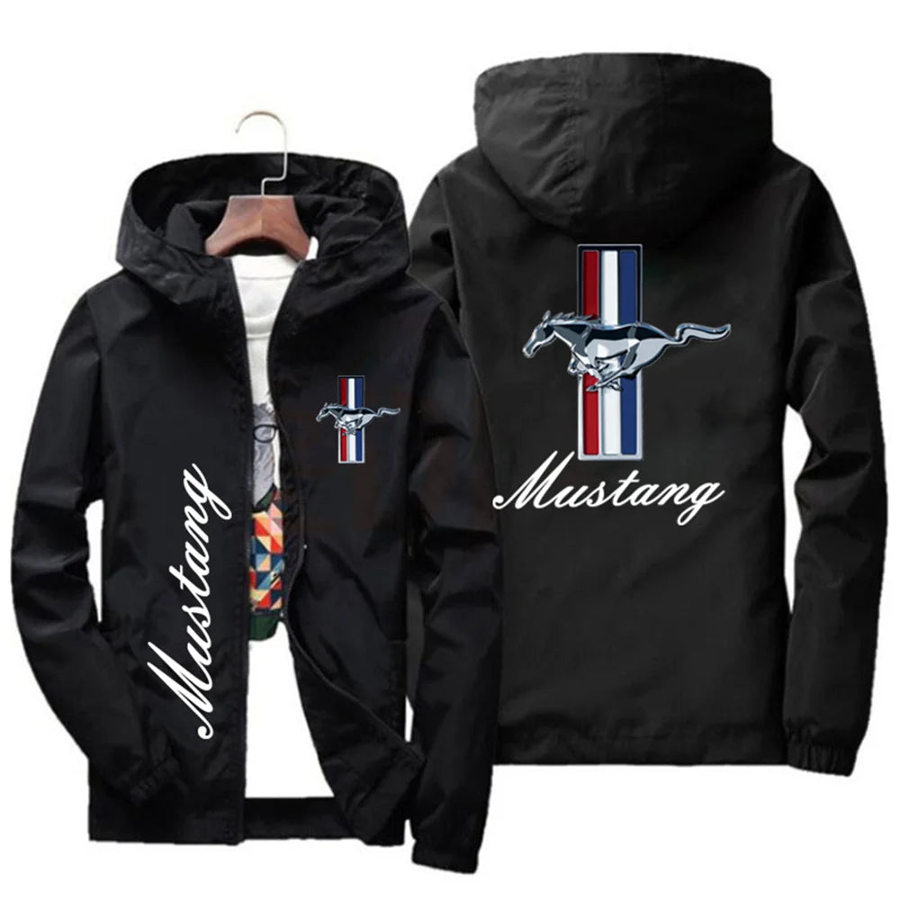 Spring and Autumn Ford Mustang Car Logo Print Hooded Jacket Fashion Charge Jacket Men's Wind Jacket Men's Outdoor Casual Wear
