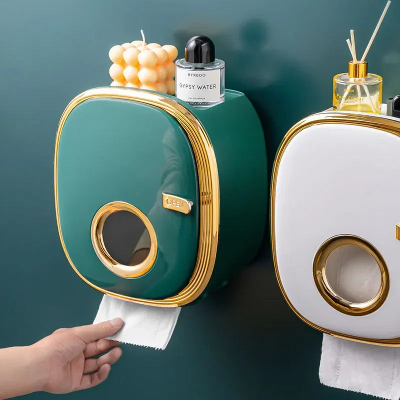 golden Bathroom Shelf Storage Box Punch-Free Wall-Mounted Toilet Paper Holder Box Waterproof Paper Towel Bathroom Storage Rack