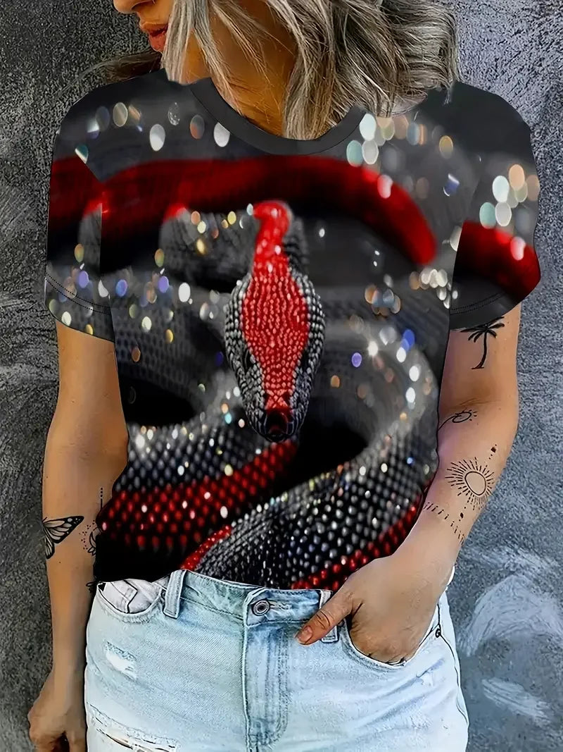 Funny Women's T-shirt Snake Graphic Print Summer Round Neck Short Sleeve Top