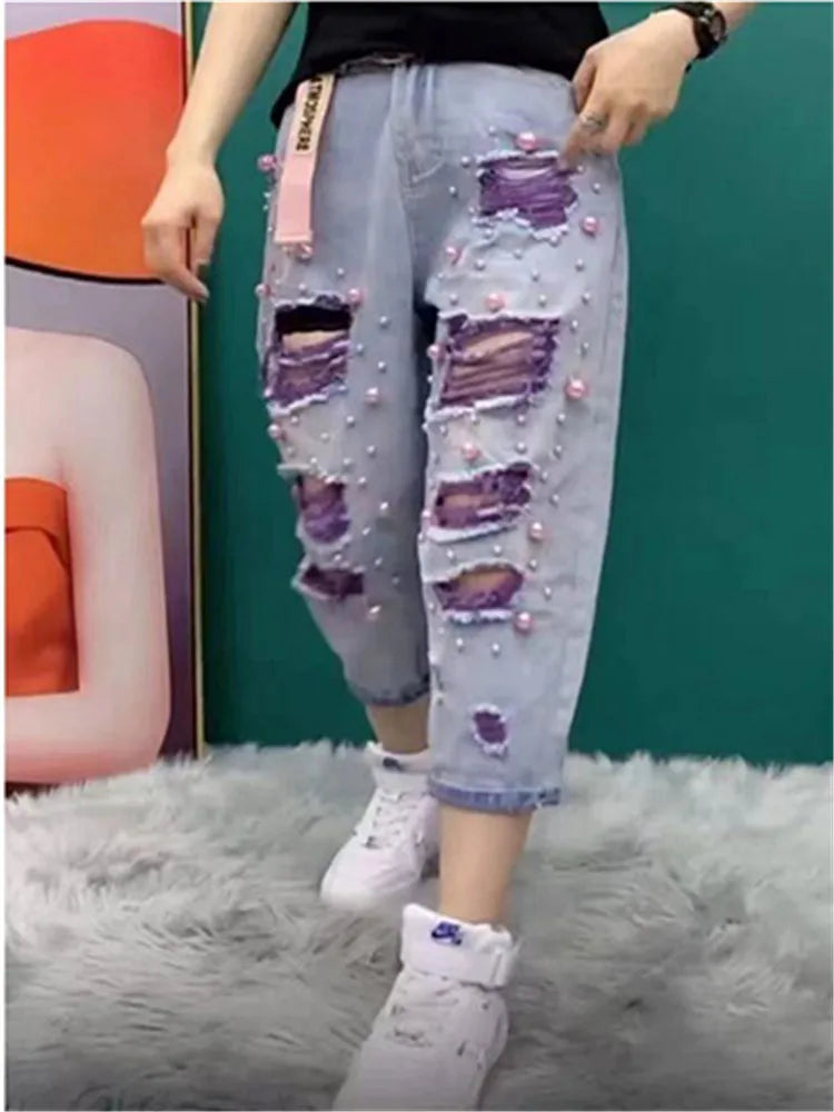 Summer Women New Fashion Beaded Holes Loose Jeans Ladies High Waist Personality Thin Denim Harem Pants Female Green Ripped Jean