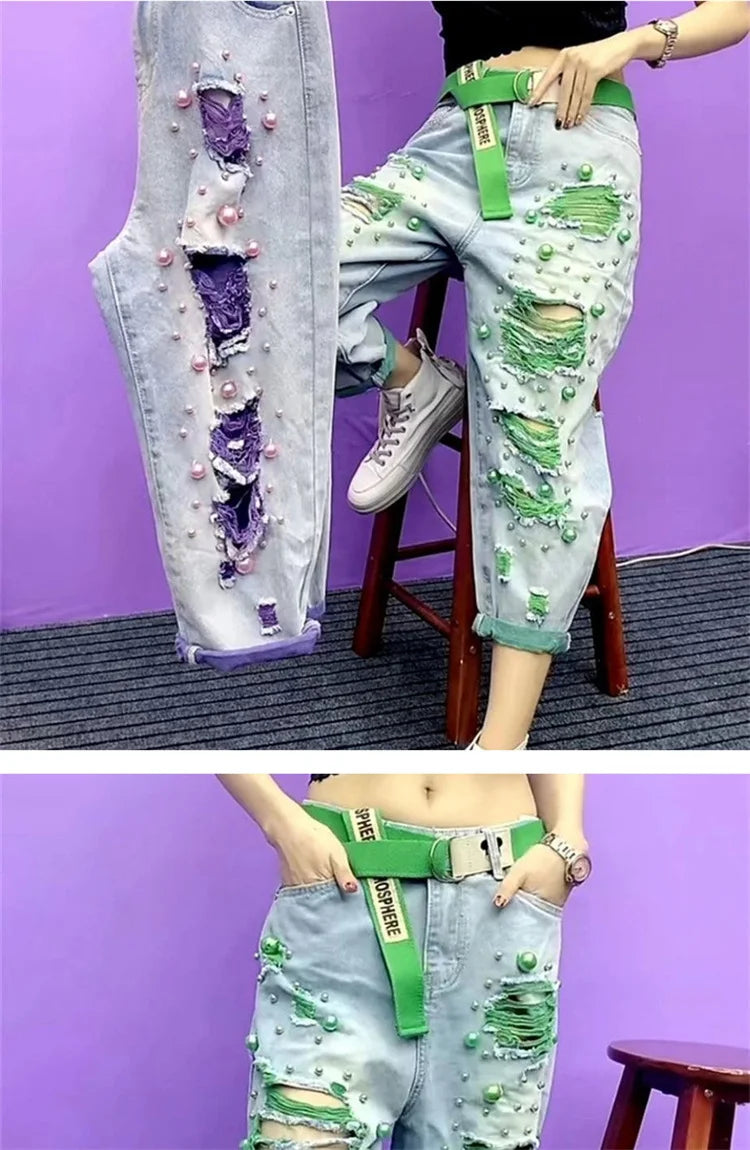 Summer Women New Fashion Beaded Holes Loose Jeans Ladies High Waist Personality Thin Denim Harem Pants Female Green Ripped Jean