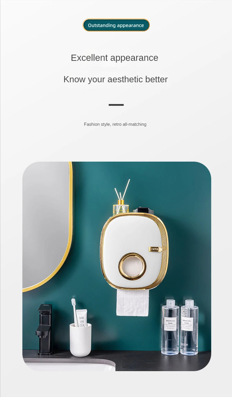 golden Bathroom Shelf Storage Box Punch-Free Wall-Mounted Toilet Paper Holder Box Waterproof Paper Towel Bathroom Storage Rack