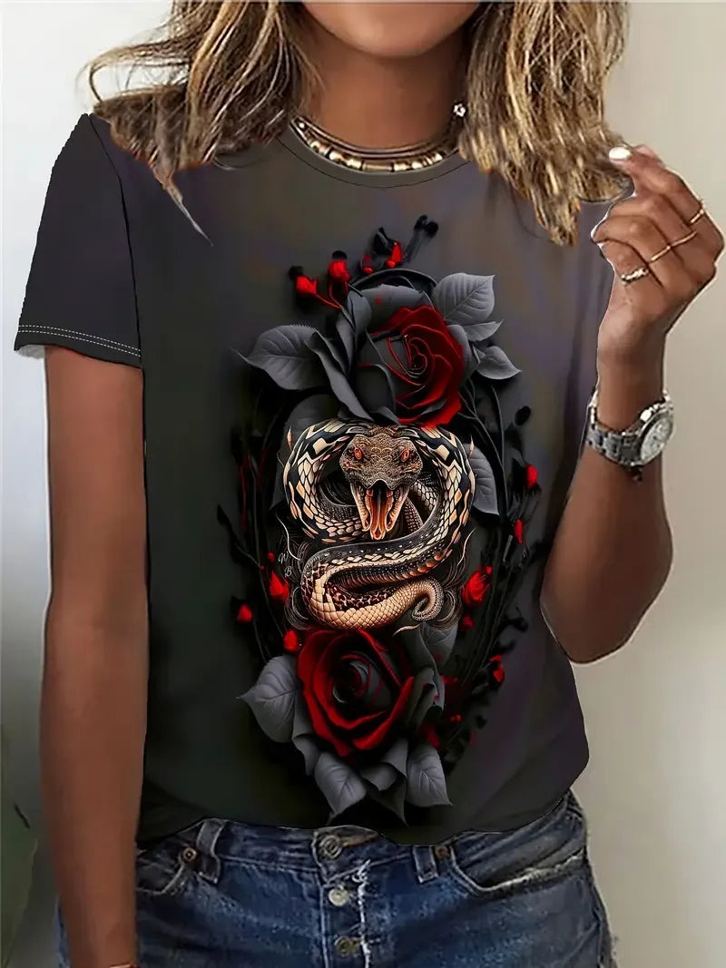 Funny Women's T-shirt Snake Graphic Print Summer Round Neck Short Sleeve Top
