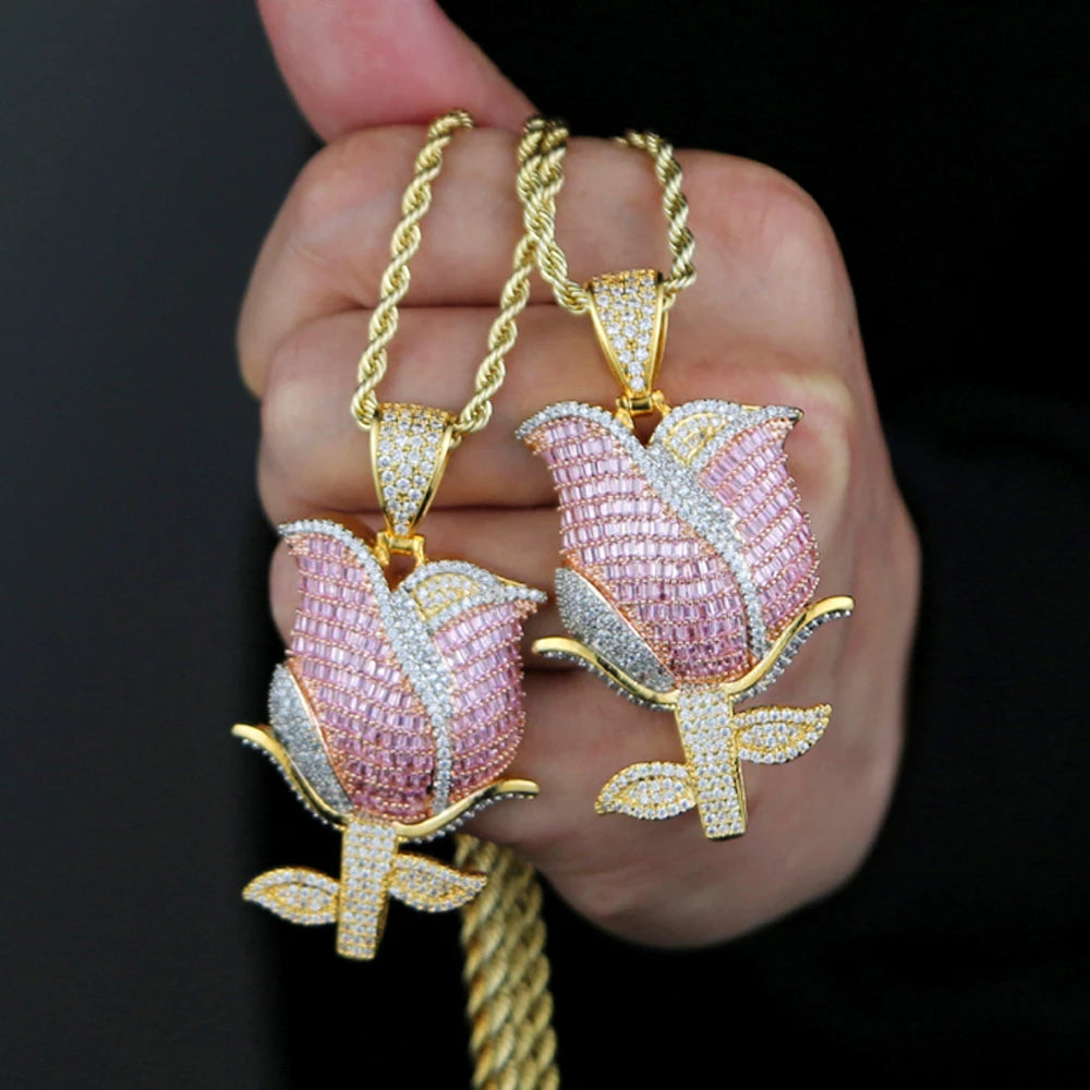 New Iced Out Bling Rose Flower Pendant Necklace For Women Men Gold Color Prong Setting Cubic Zirconia Charm Hip Hop Jewelry
